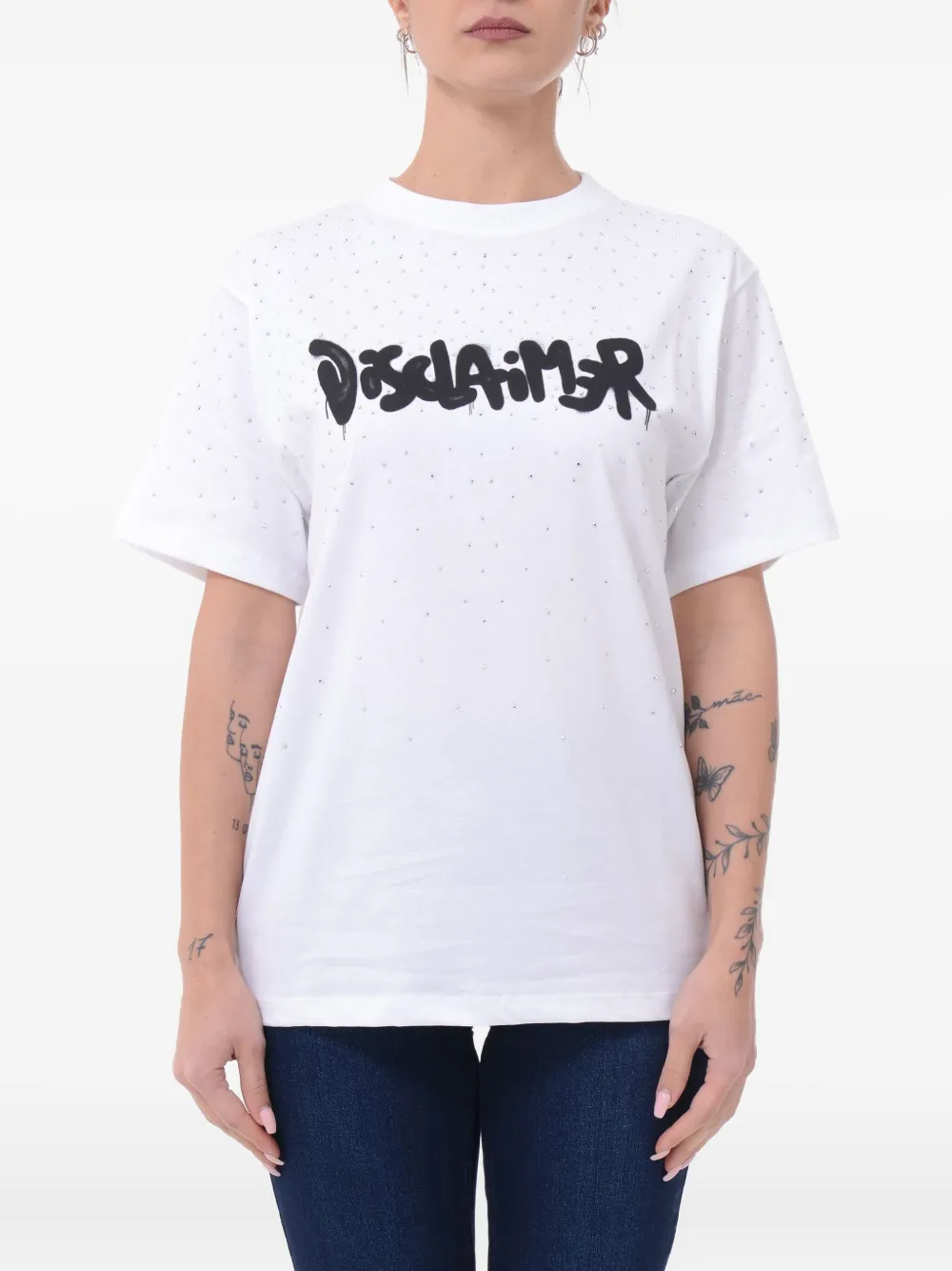 DISCLAIMER crystal-embellished graffiti-print T-shirt - ホワイト DISCLAIMER crystal-embellished graffiti-print T-shirt - ホワイト
