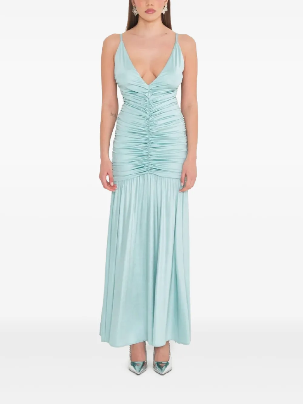 Sound Of Silence Gathered V-neck Maxi Dress In Blue