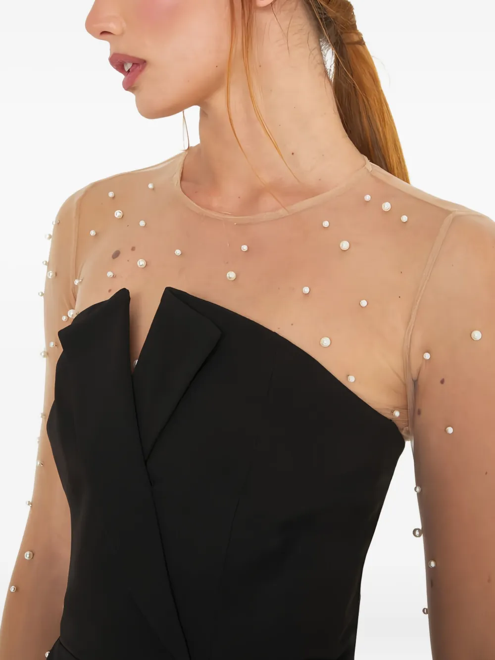 Sound Of Silence Pearl-embellished Mesh Blouse In Neutral