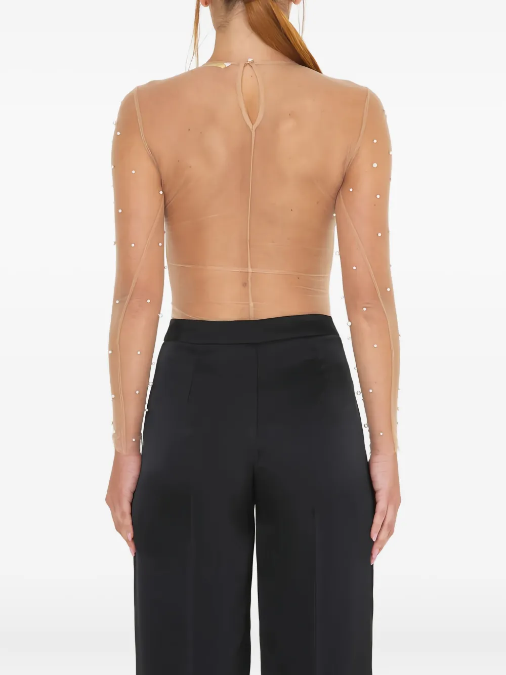 Sound Of Silence Pearl-embellished Mesh Blouse In Neutral