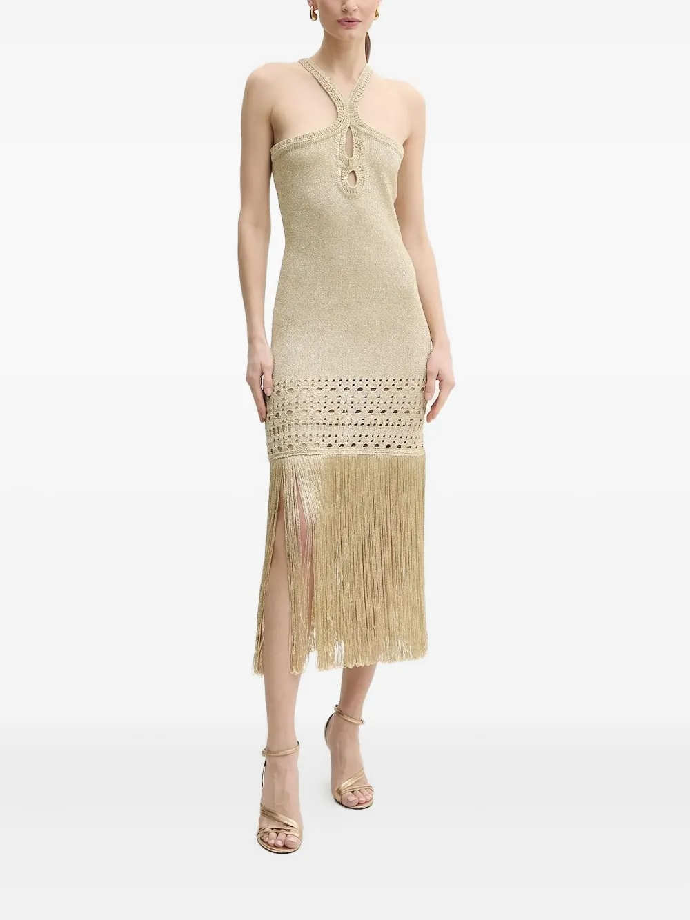 SIMONA CORSELLINI fringe-edges midi dress Beige