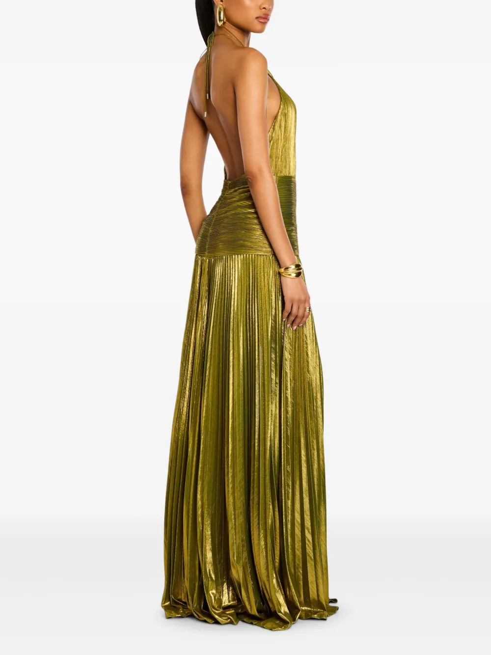 Retroféte Thalia Pleated Metallic Halter Side-slit Drop-waist Maxi Dress