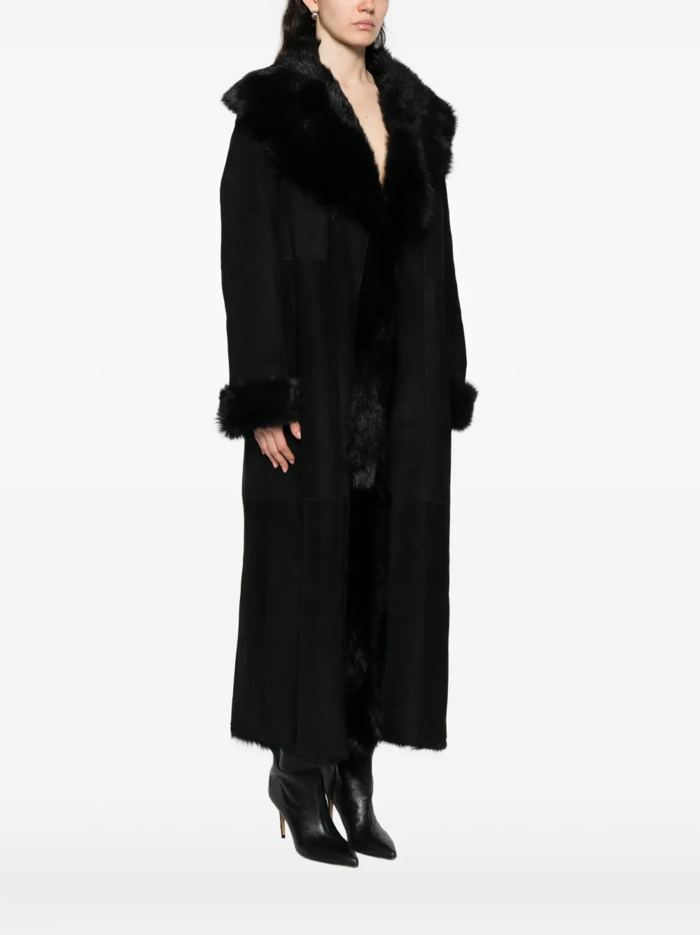 Nour Hammour Marlene Fur-trimmed Suede Coat In Black