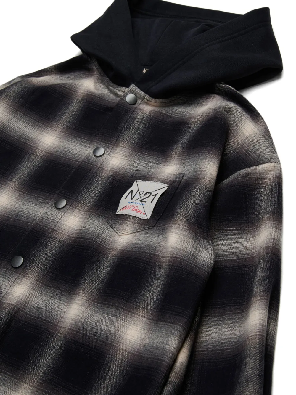  Nº21 Kids Check-print Hooded Shirt - Black 