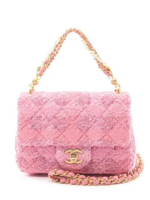 CHANEL Pre-Owned 2021-2024 Mini Square Quilted Woven Tweed Pearl Twist Flap satchel