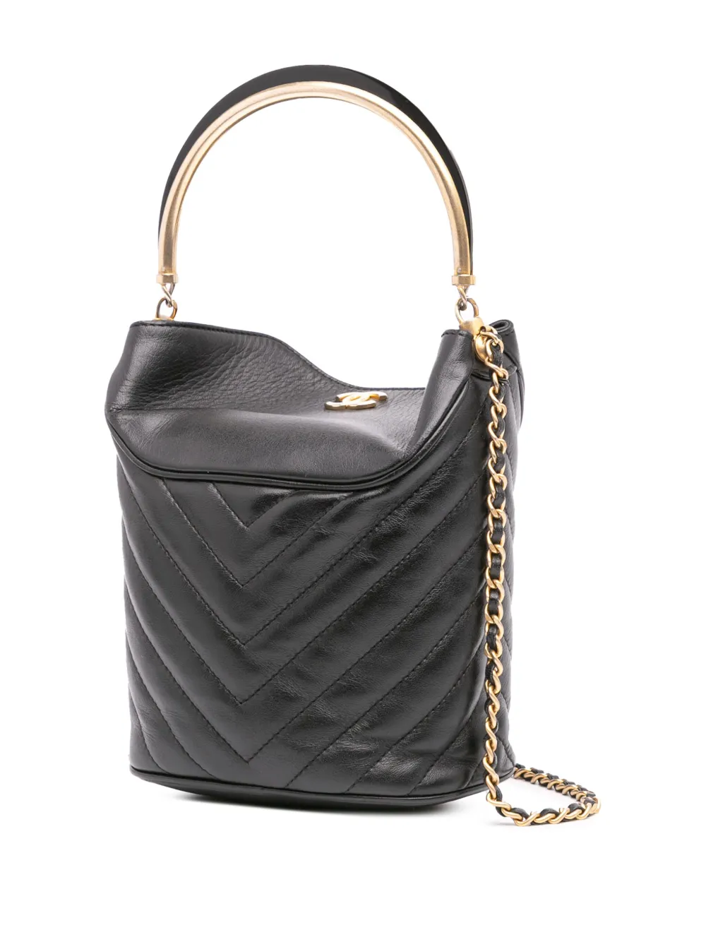 Pre-owned Chanel 2018-2019 Quilted Chevron Lambskin Handle With Chic Bucket Bag