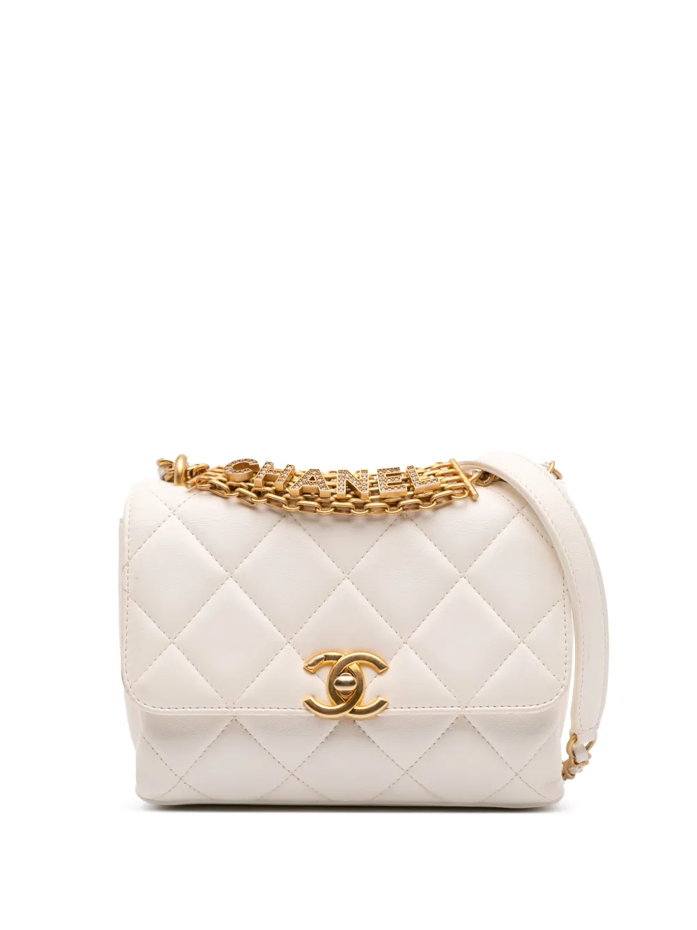 CHANEL Pre-Owned 2021-2024 Mini Quilted Lambskin Crystal Logo Letters Chain Flap satchel | White | Image 1