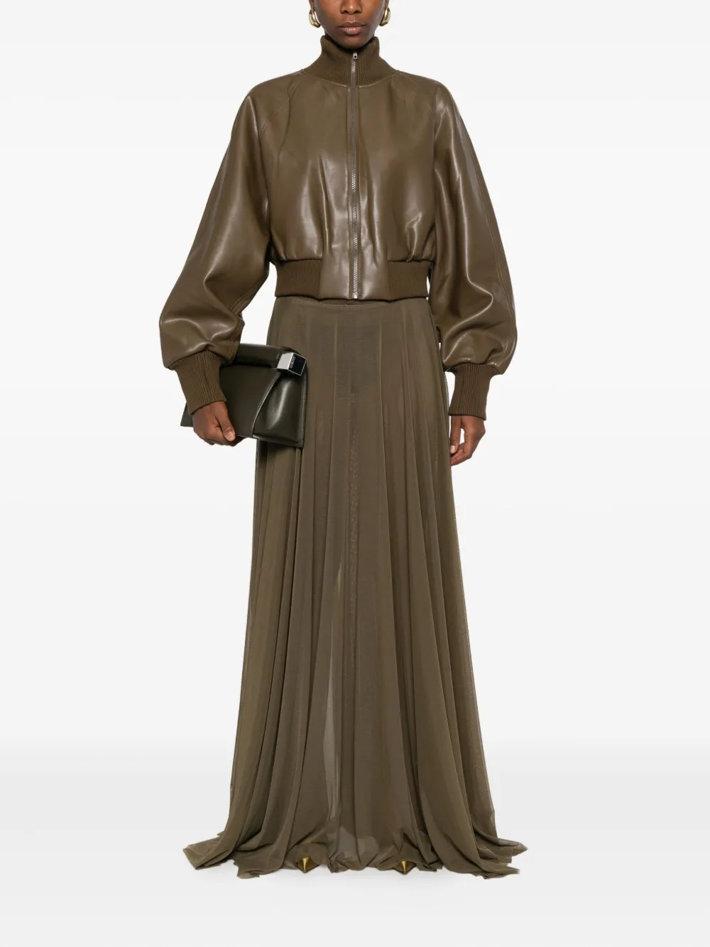 Norma Kamali Ribbed-cuff Leather Jacket In Brown