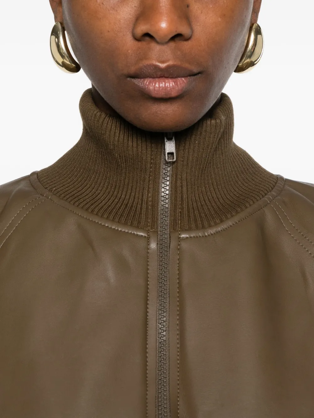 Norma Kamali Ribbed-cuff Leather Jacket In Brown
