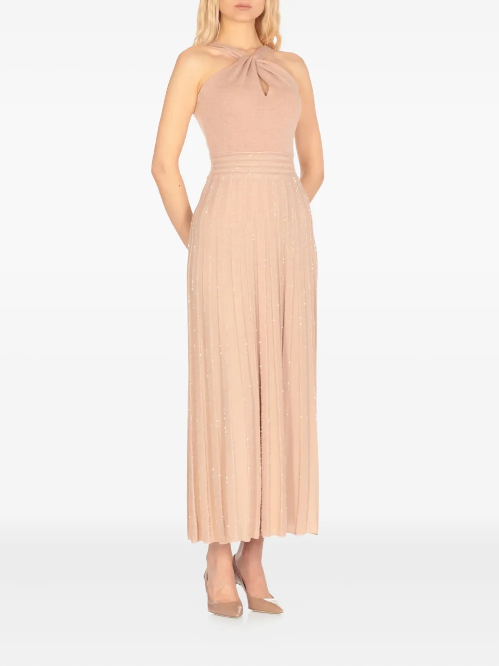D.Exterior twist-neck pleated midi dress - Beige