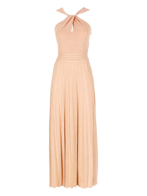 D.Exterior twist-neck pleated midi dress