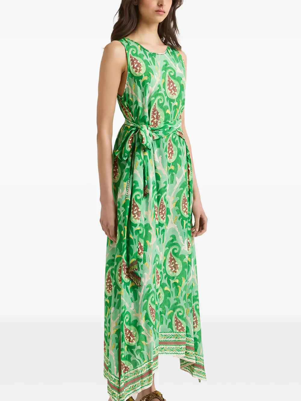 MALIPARMI Asymmetrische jurk met paisley-print en ceintuur - Groen