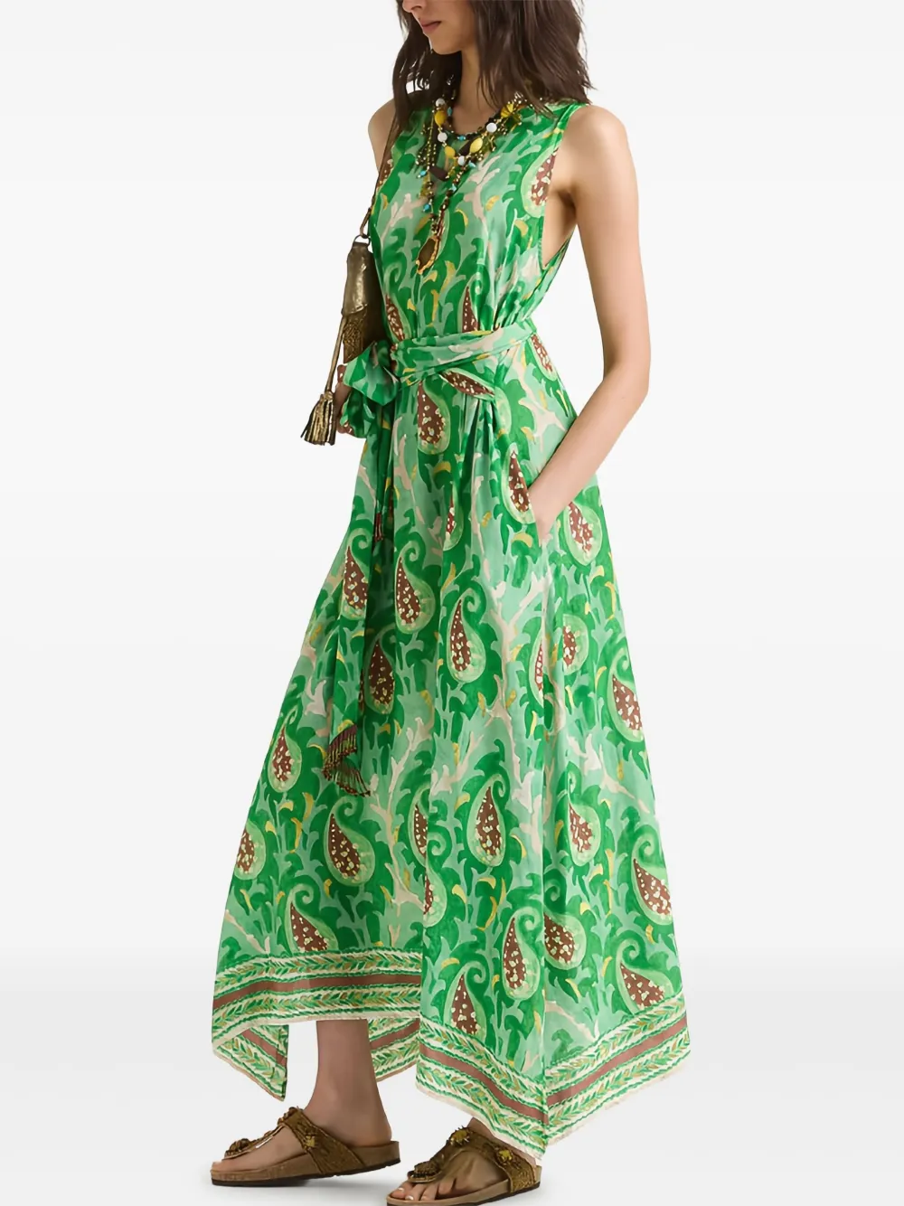 MALIPARMI Asymmetrische jurk met paisley-print en ceintuur Groen