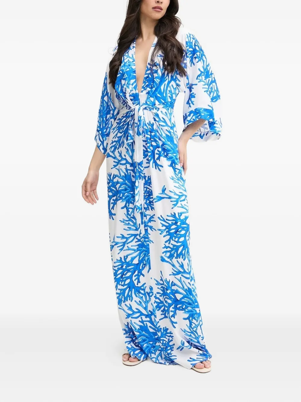 Melissa Odabash Eloise jurk met koraalprint en ceintuur - Blauw