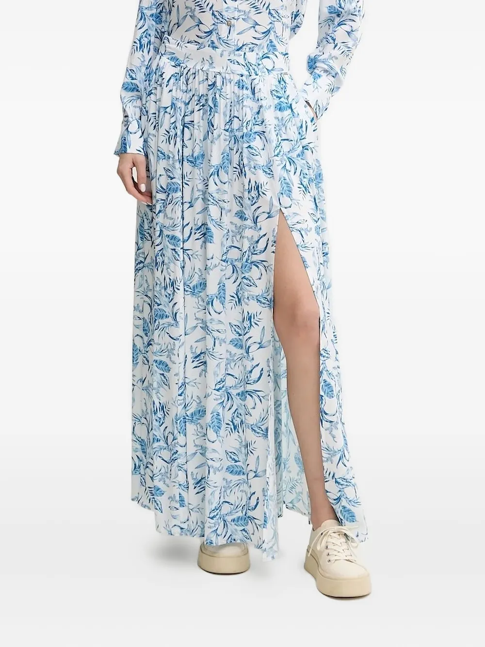 Melissa Odabash Leaf-print Side-split Midi A-line Skirt In Blue