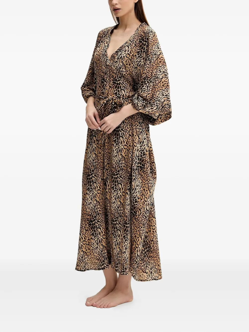 Melissa Odabash Bonnie Leopard Print V-neck Kaftan In Brown