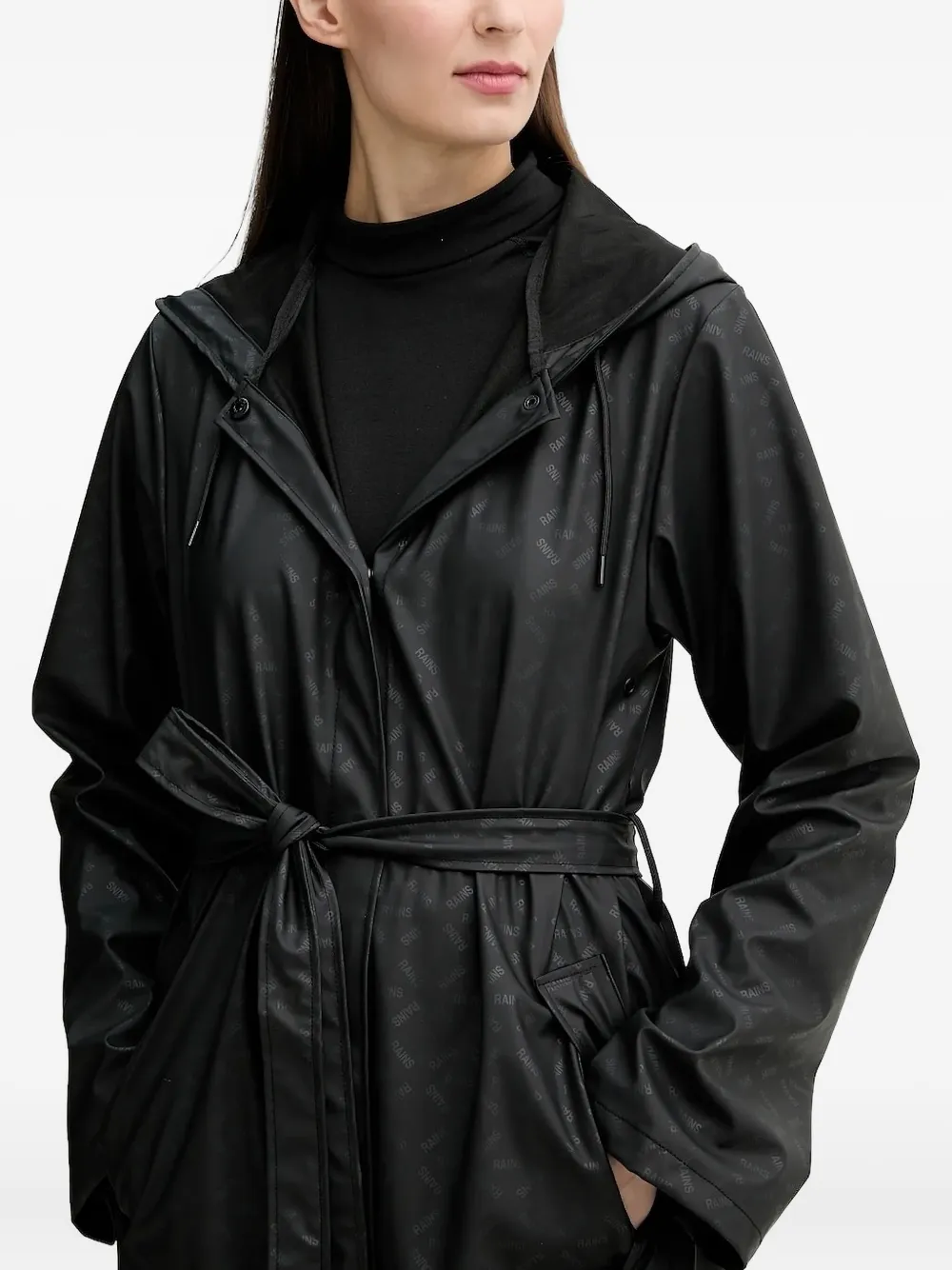 Rains Regenjas met logoprint en ceintuur Zwart