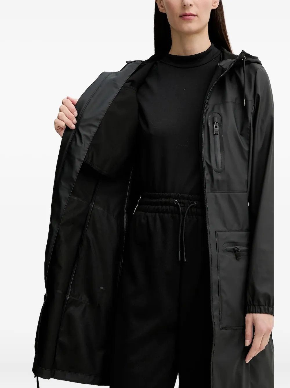 Rains Hooded Pocketed Raincoat In Black