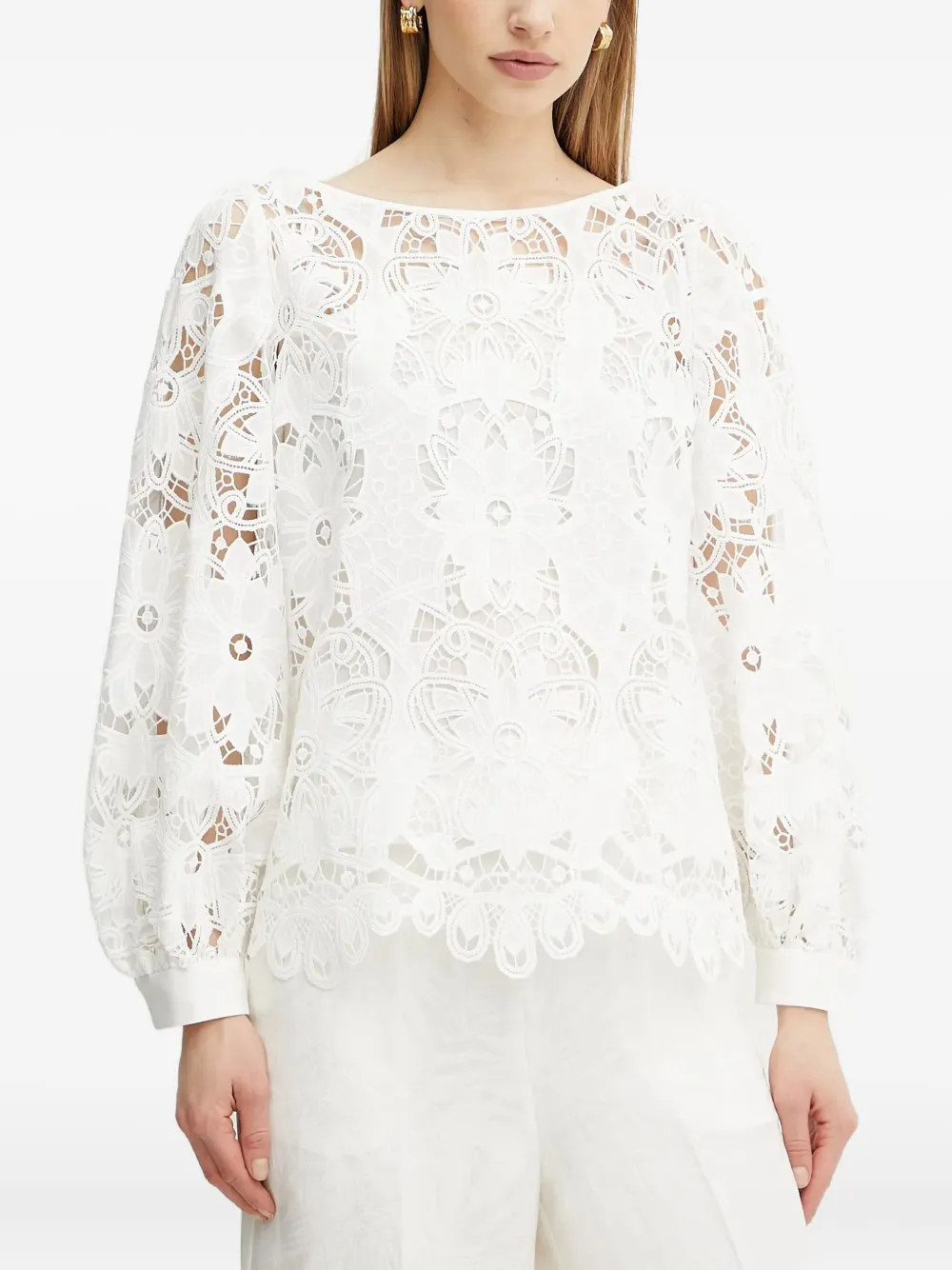 floral-lace balloon-sleeve blouse