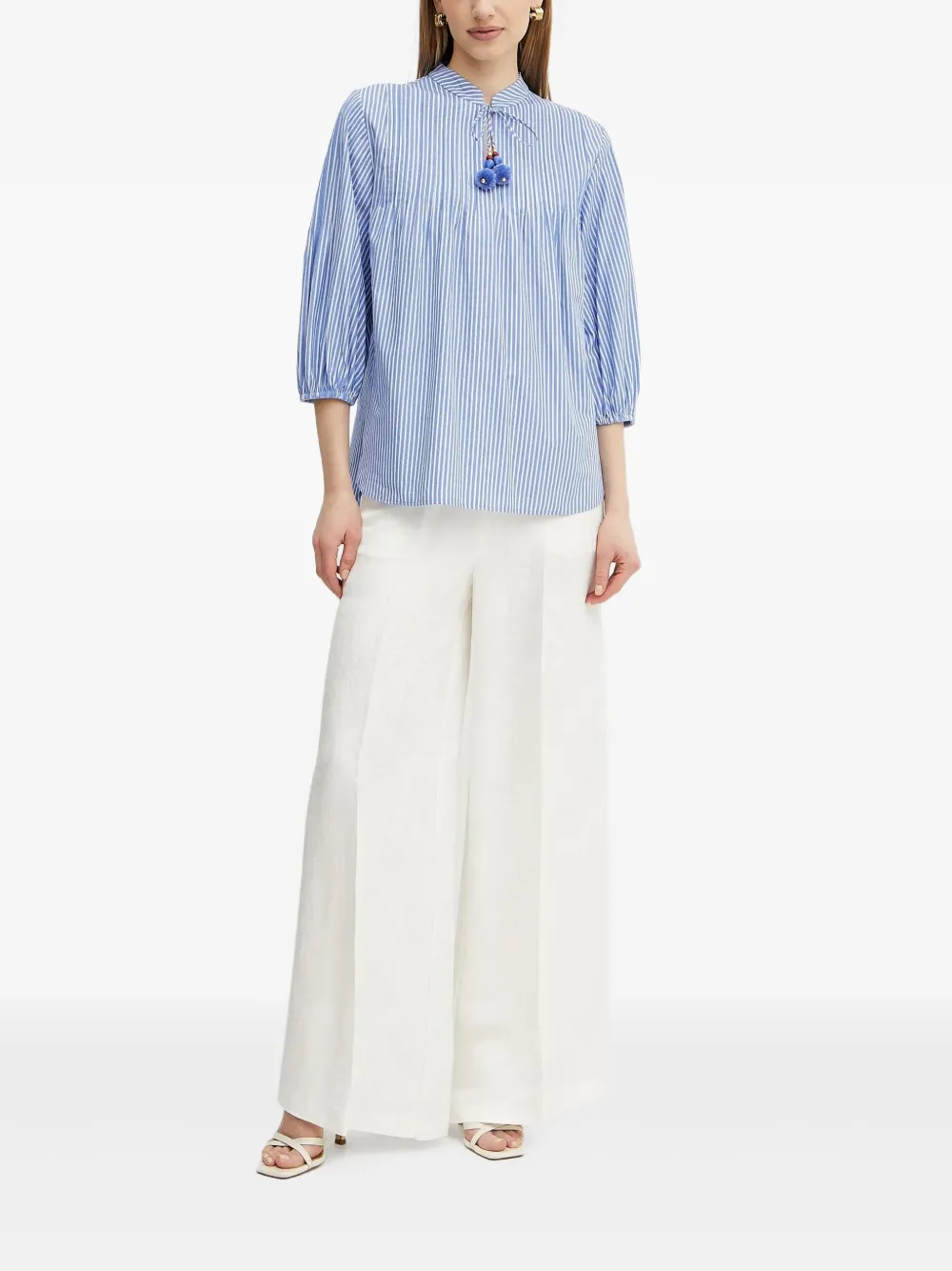 LUISA SPAGNOLI Gestreepte blouse met pompondetail - Blauw