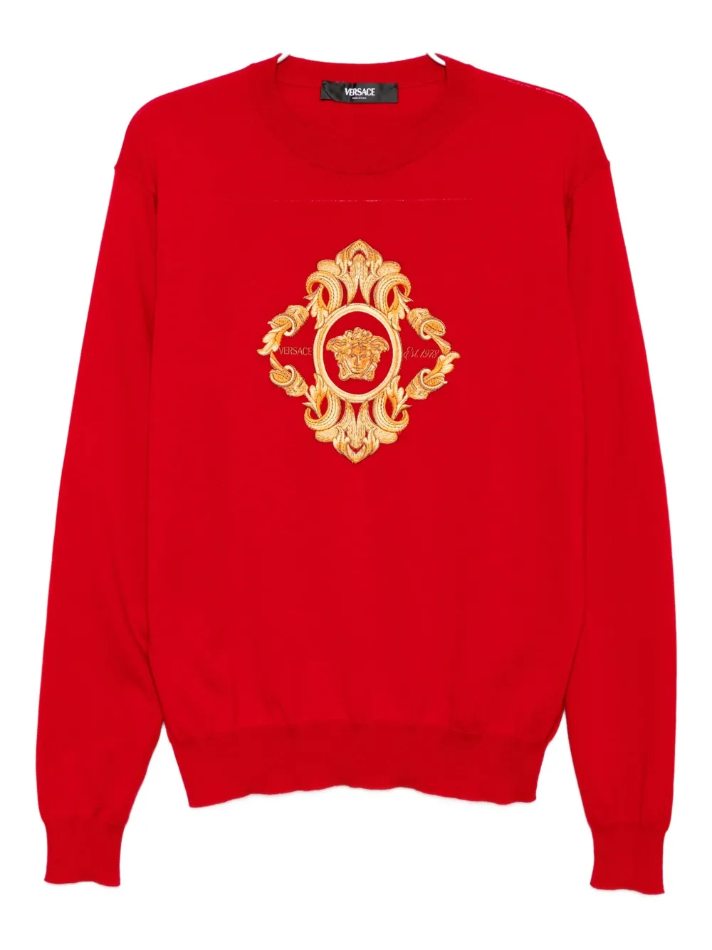 Versace Embroidered Architectural Baroque Sweater In Red