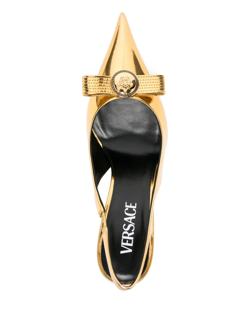 Versace Medusa Bow Metallic Pointed Toe Slingback Pump In Yellow