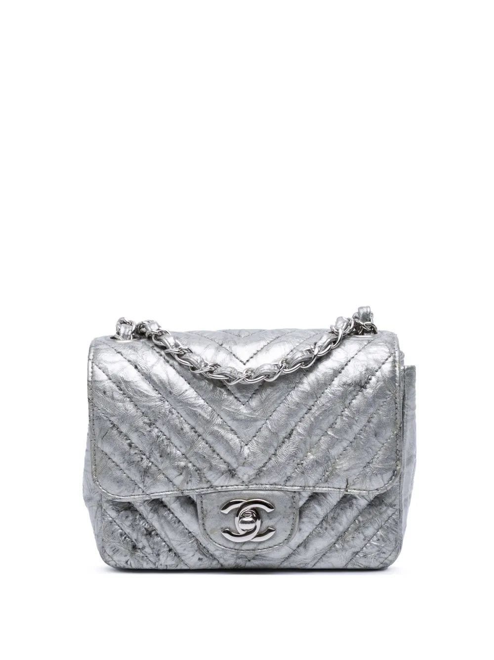CHANEL Pre-Owned 2019 Mini Square Classic Chevron Metallic Crumpled Patent Single Flap crossbody bag | Silver | Image 1