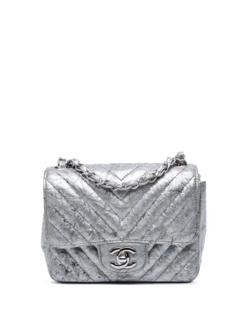 CHANEL Pre-Owned 2019 Mini Square Classic Chevron Metallic Crumpled Patent Single Flap crossbody bag