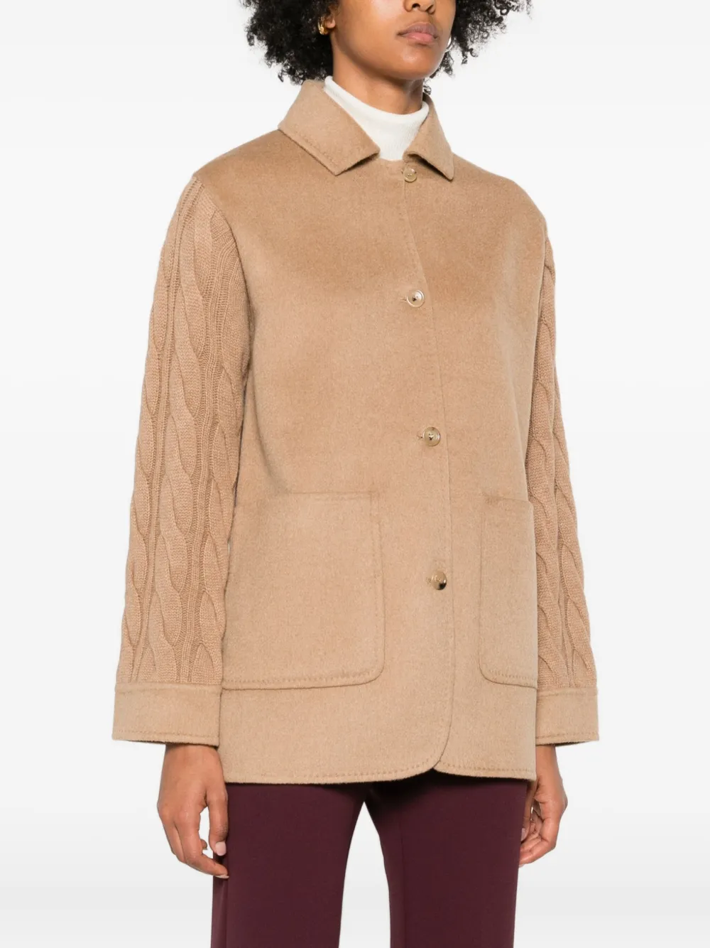 Max Mara Tacco Camel Hair Braided Coat With Knitted Sleeves In Brown