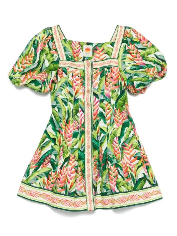 green emerald velvet dress Farm Rio Ayla Short Puff Sleeve Mini Dress main image 1
