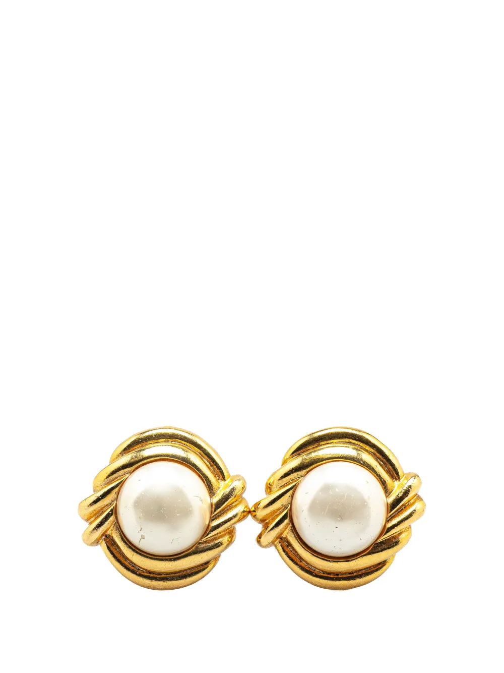 CHANEL Pre-Owned أقراط كبس 'راوند' مطلية بالذهب ولؤلؤ صناعي 1970-1980 | ذهبي | Image 1