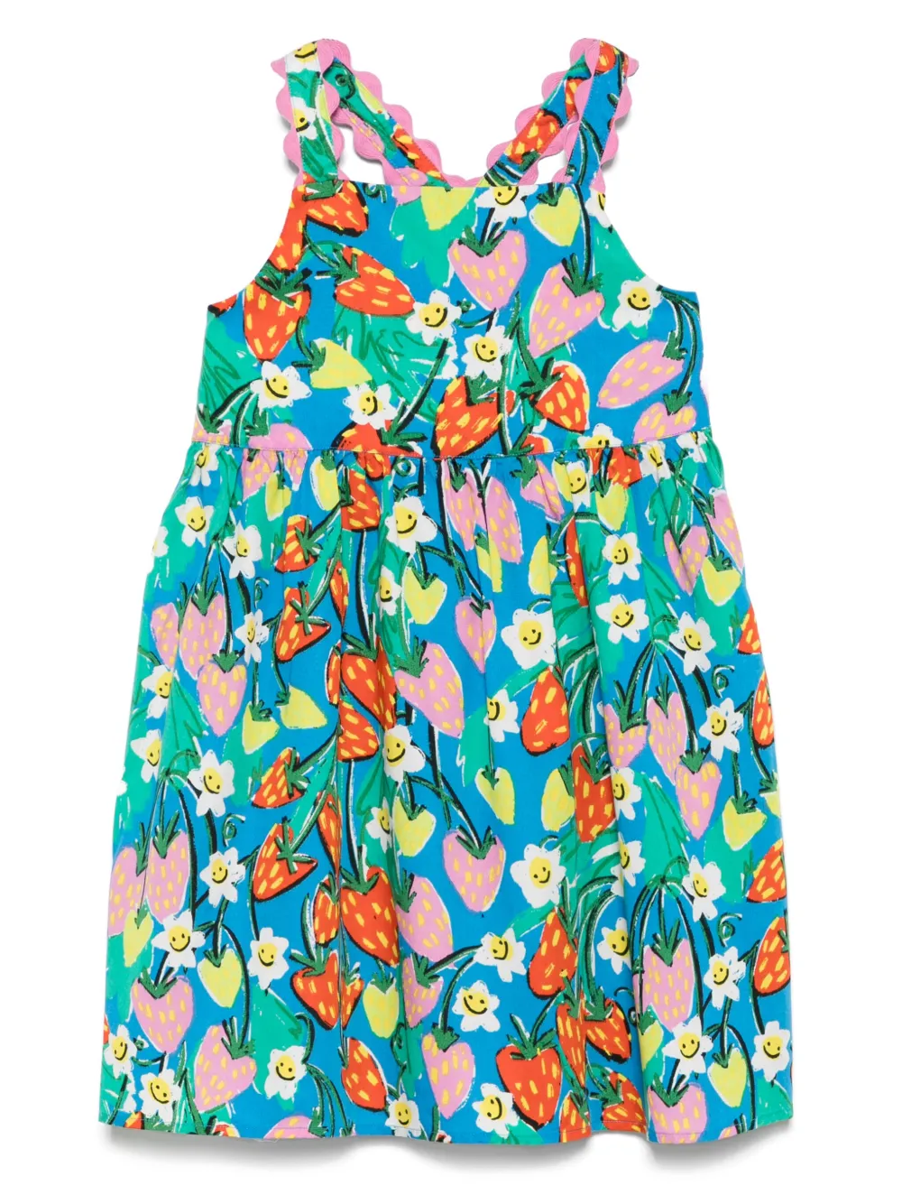 Stella McCartney Kids Mouwloze jurk met aardbeiprint Blauw