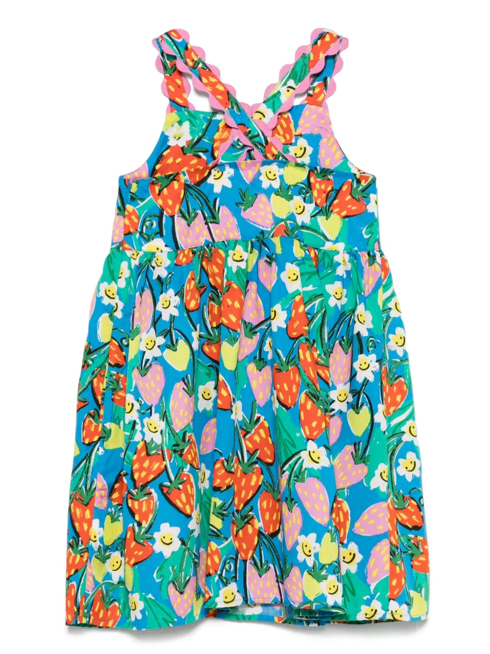 Stella McCartney Kids Mouwloze jurk met aardbeiprint Blauw