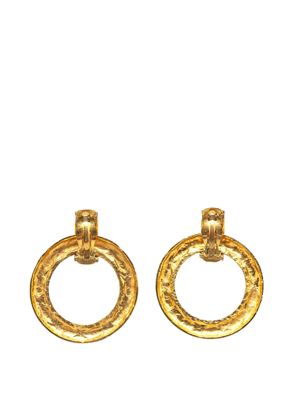 Pre-owned Chanel 1970-1980 Gold Plated Quilted Hoop Drop Clip On Earrings Costume Earrings
