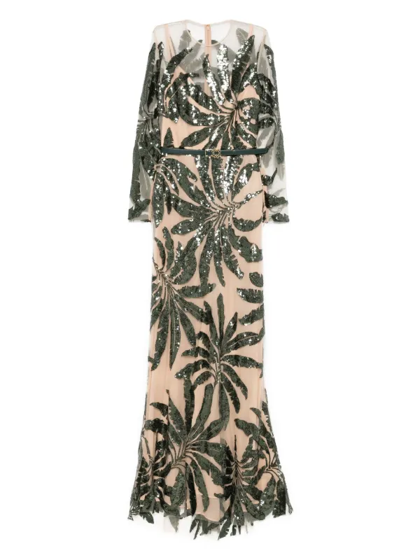 Elie Saab Embroidered Tulle Maxi Dress - Green
