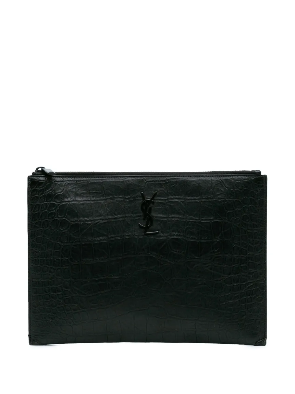 Pre-owned Saint Laurent 2018 Croc Embossed Leather Monogram Ipad Case Clutch Bag