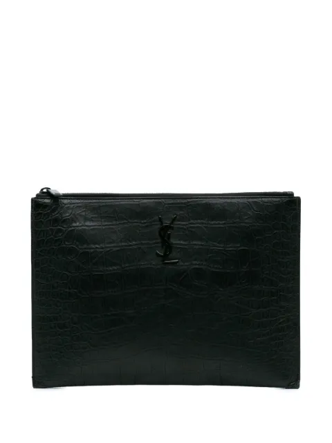 Saint Laurent Pre-Owned شنطة كلاتش iPad Case جلد بمونوغرام ونقش جلد التمساح 2018