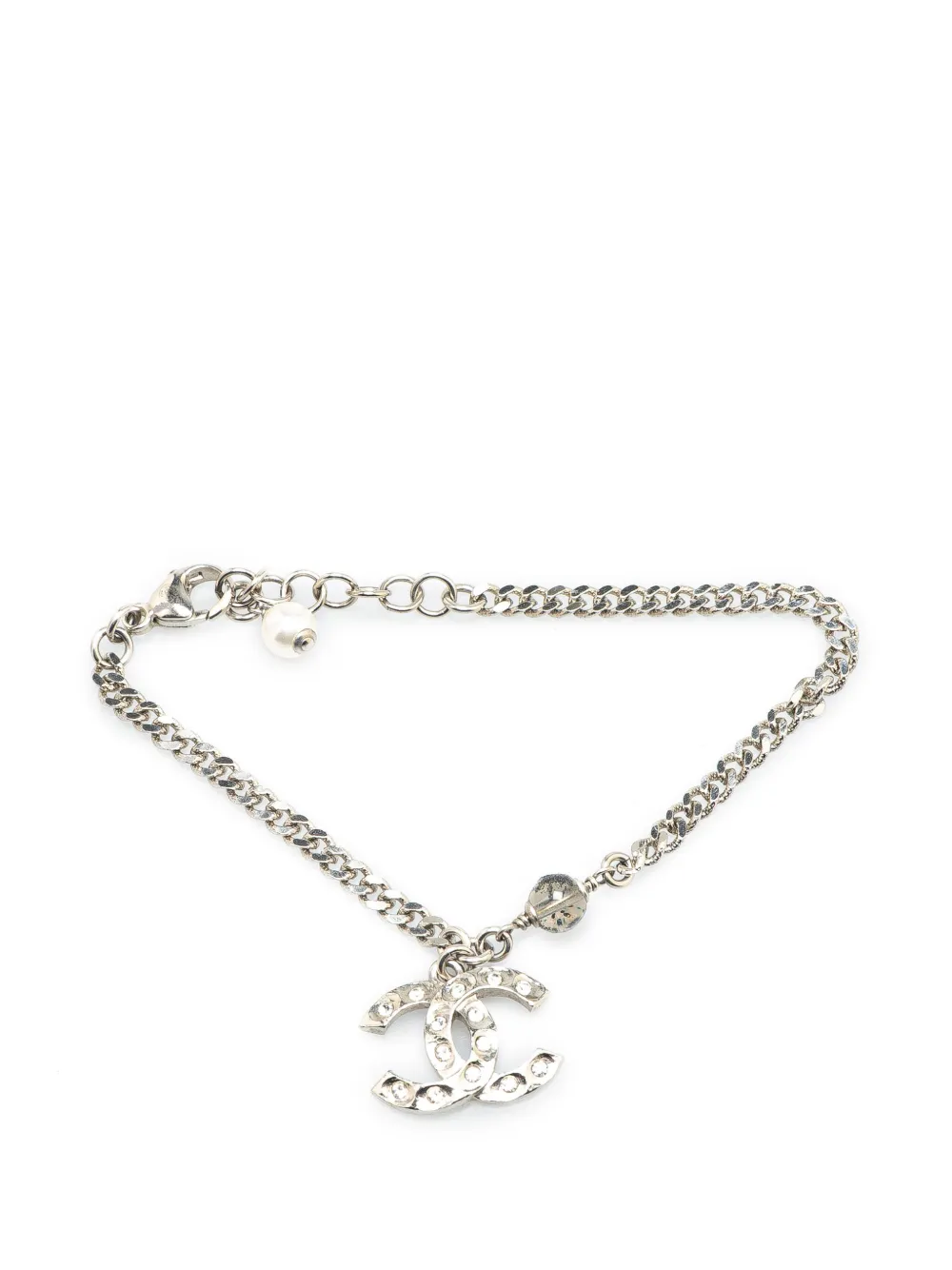 Pre-owned Chanel 2021 Silver Cc Rhinestones Charms Bracelet Costume Bracelet