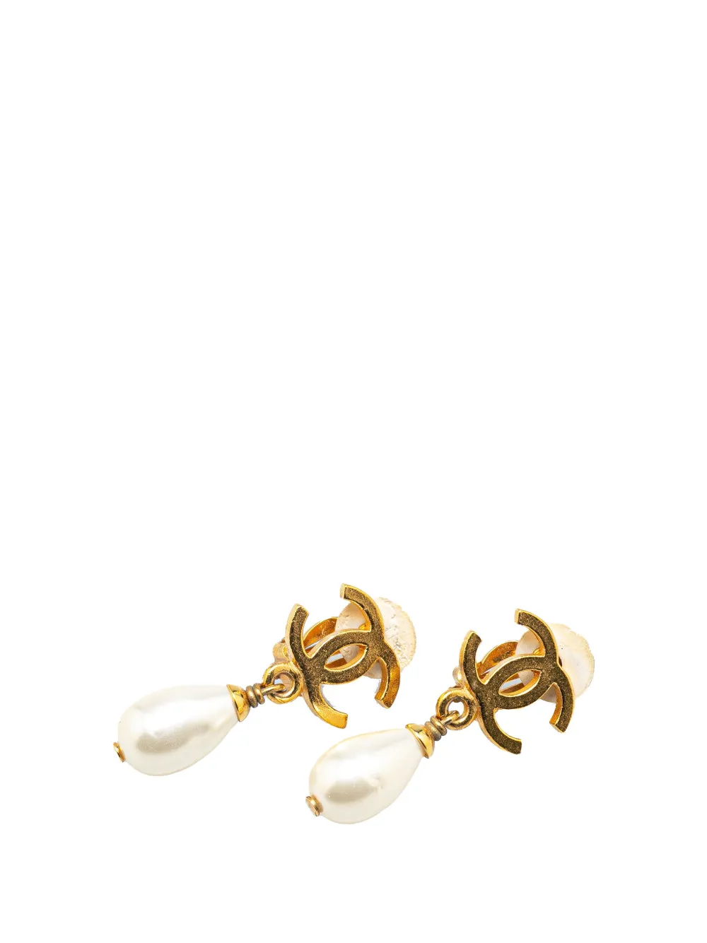 Pre-owned Chanel 1995 Gold Plated Cc Faux Pearl Drop Clip On Earrings Costume Earrings