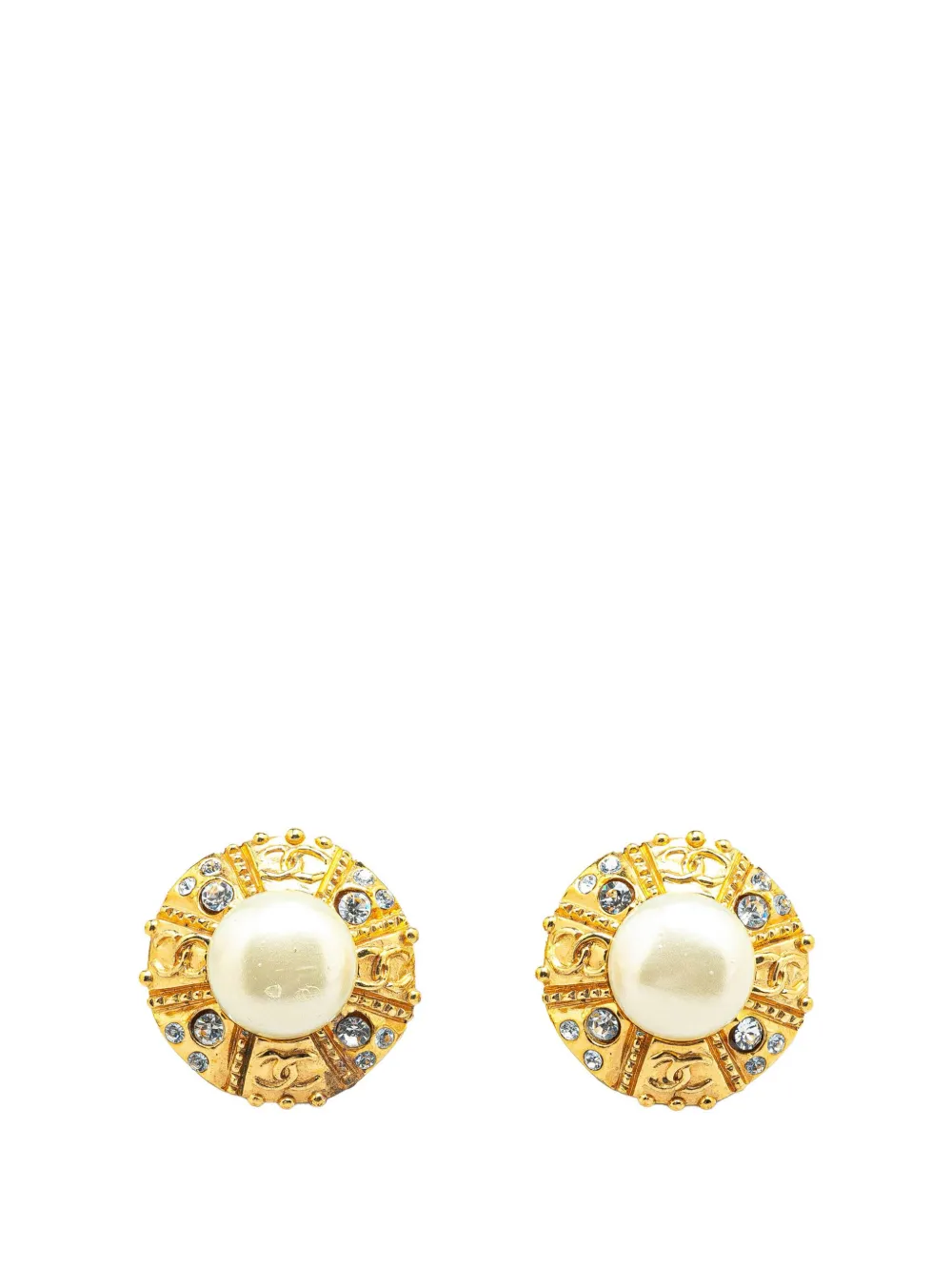 Pre-owned Chanel 1993 Gold Plated Round Faux Pearl Rhinestones Clip On Earrings Costume Earrings