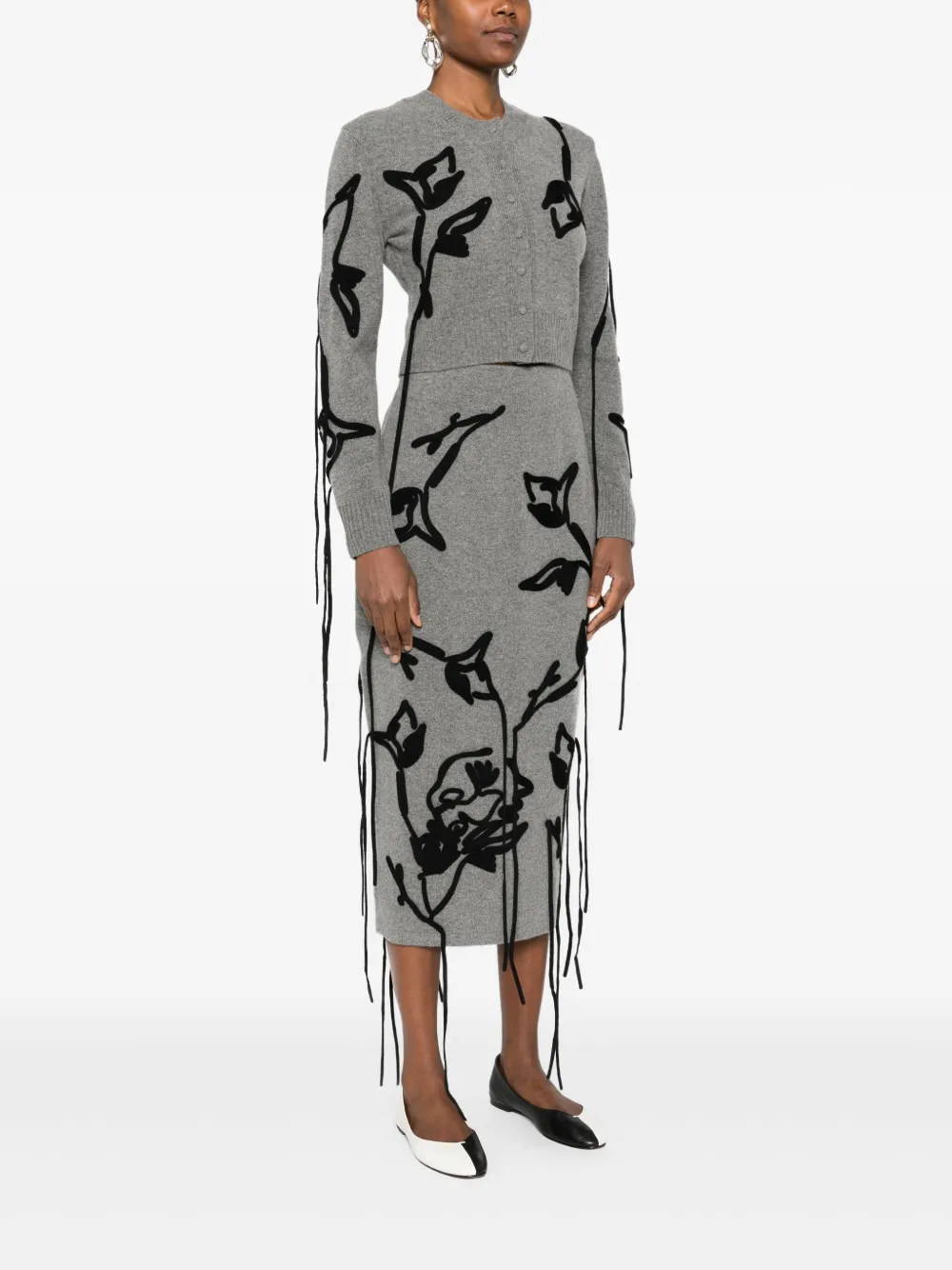 Erdem Floral-embroidered Tie-detail Cardigan In Gray