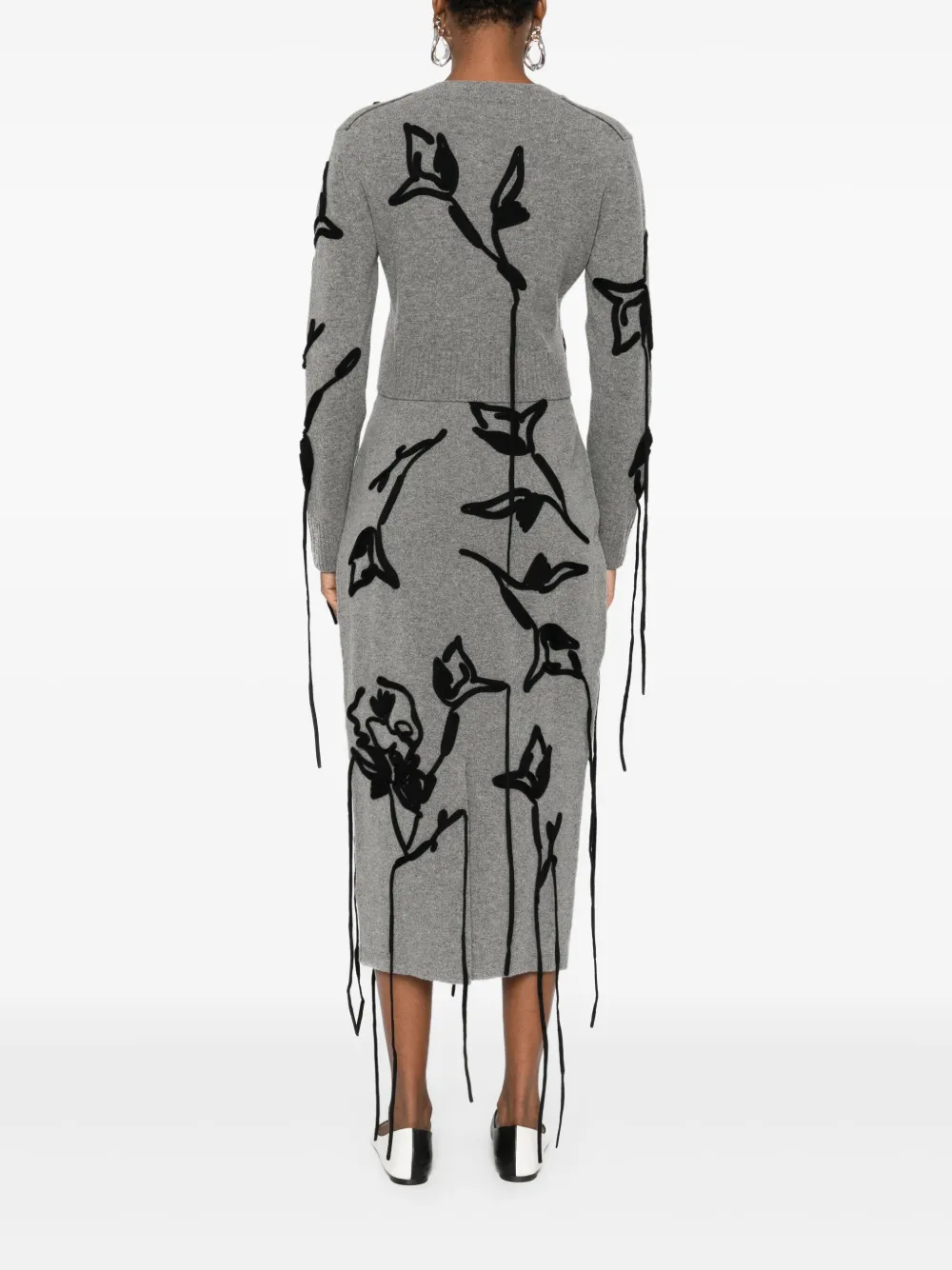 Erdem Floral-embroidered Tie-detail Cardigan In Gray