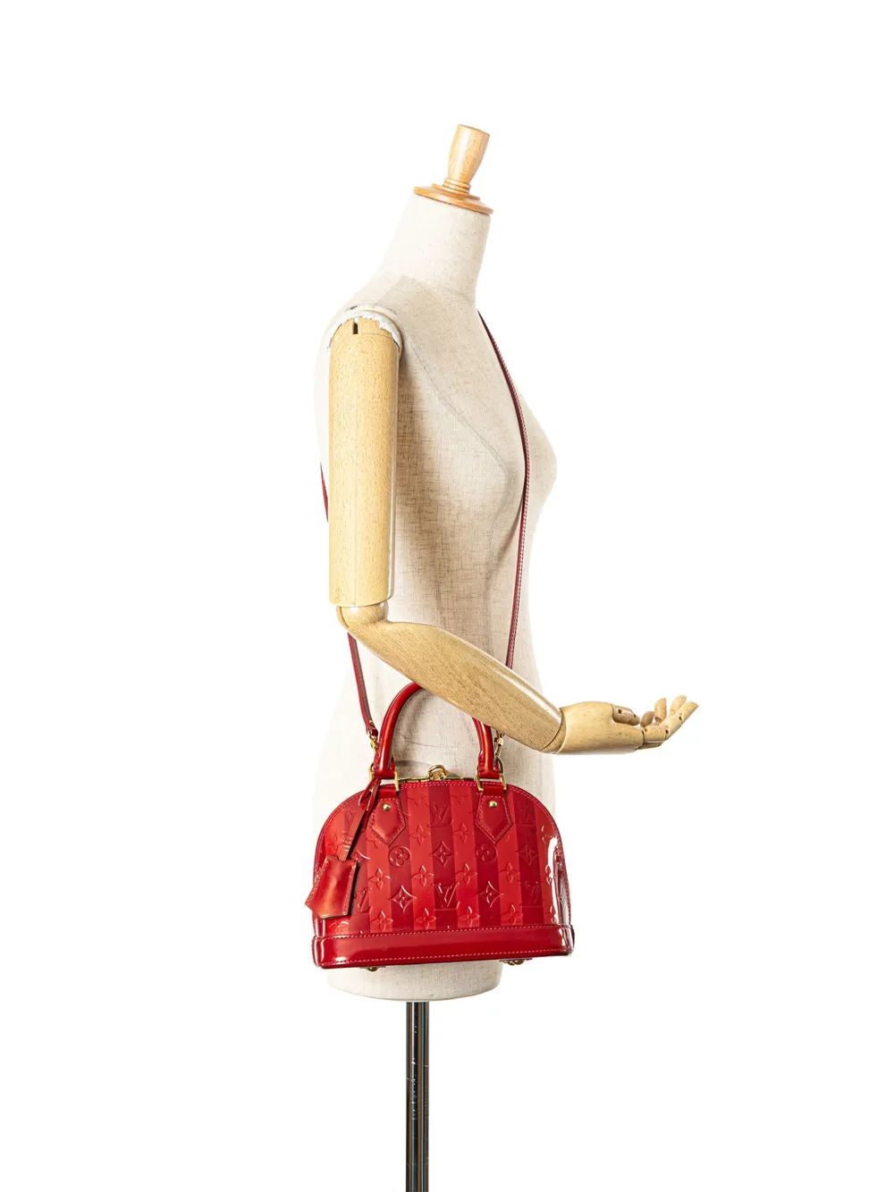 Pre-owned Louis Vuitton 2011 Monogram Vernis Rayures Alma Bb Satchel In Red