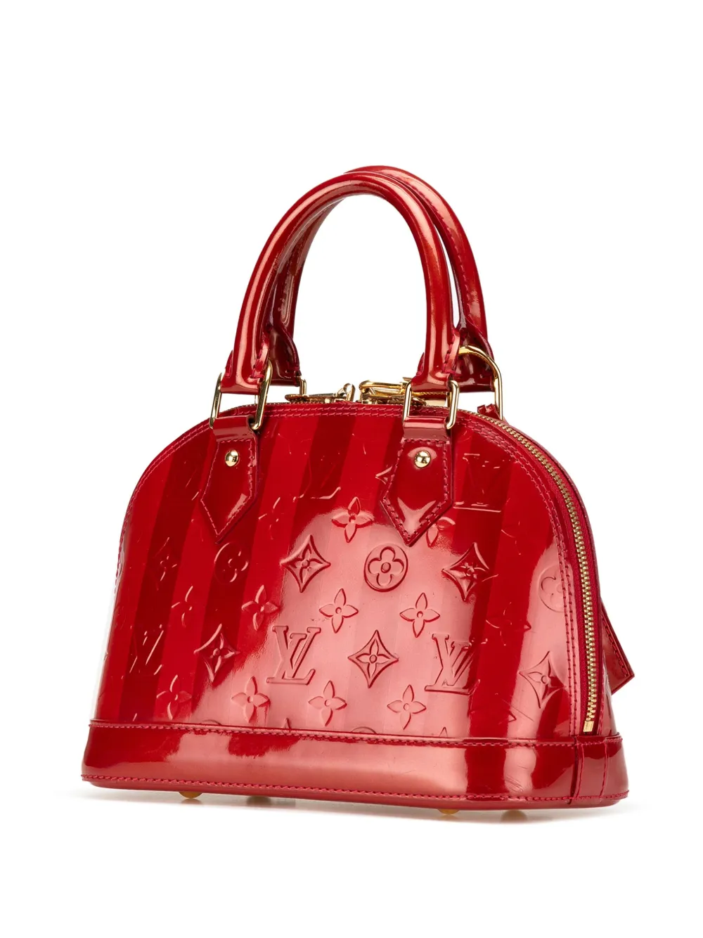 Pre-owned Louis Vuitton 2011 Monogram Vernis Rayures Alma Bb Satchel In Red
