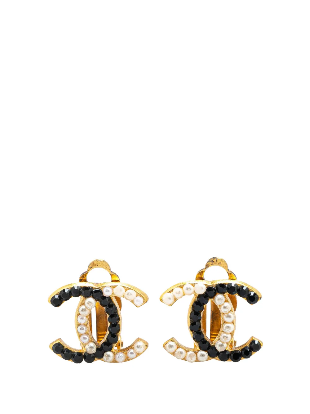 Pre-owned Chanel 2003 Gold Plated Cc Faux Pearl And Rhinestones Clip On Earrings Costume Earrings