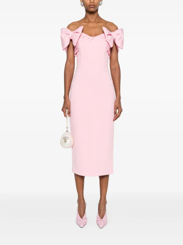 国内発| REBECCA VALLANCE オフショルダーミディドレス Pink Rebecca Vallance bow-detail Dress | Pink | FARFETCH