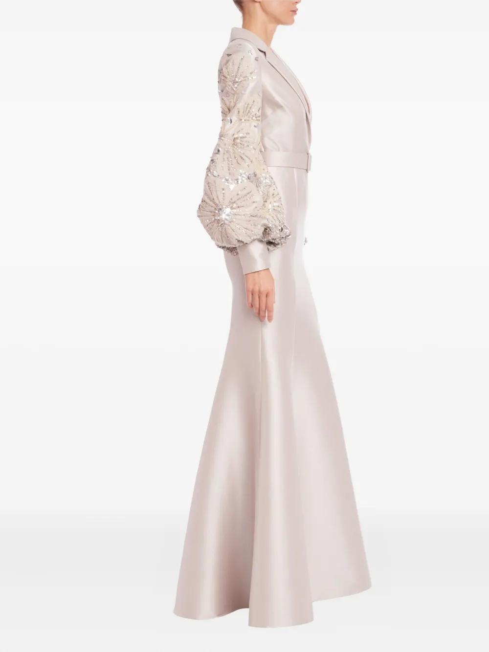 Badgley Mischka Jurk met ceintuur en verfraaide ballonmouwen - Beige
