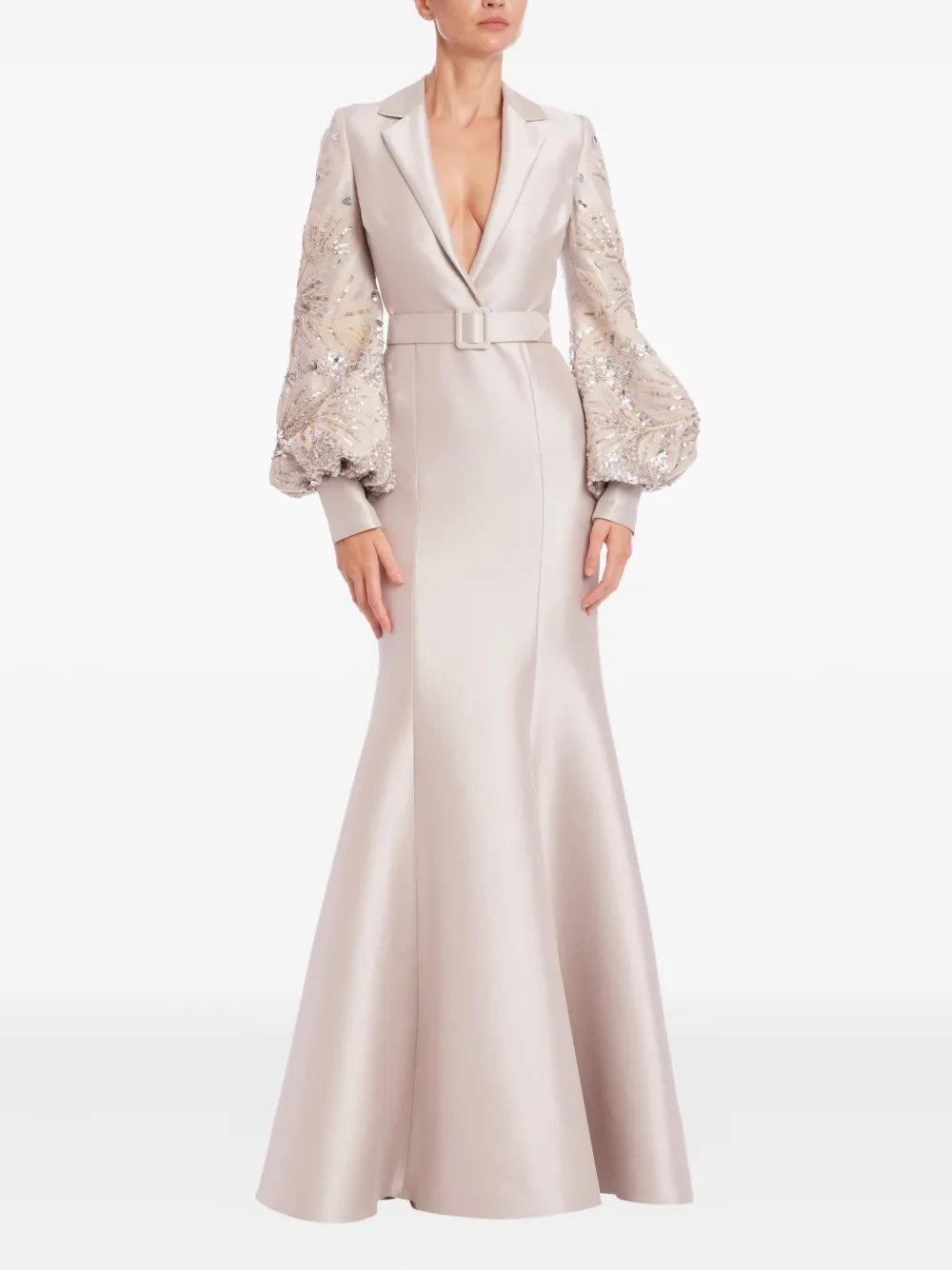 Badgley Mischka Belted Dress With Embellished Balloon Sleeves