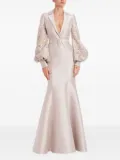 Badgley Mischka belted embellished balloon sleeves maxi dress - Neutrals