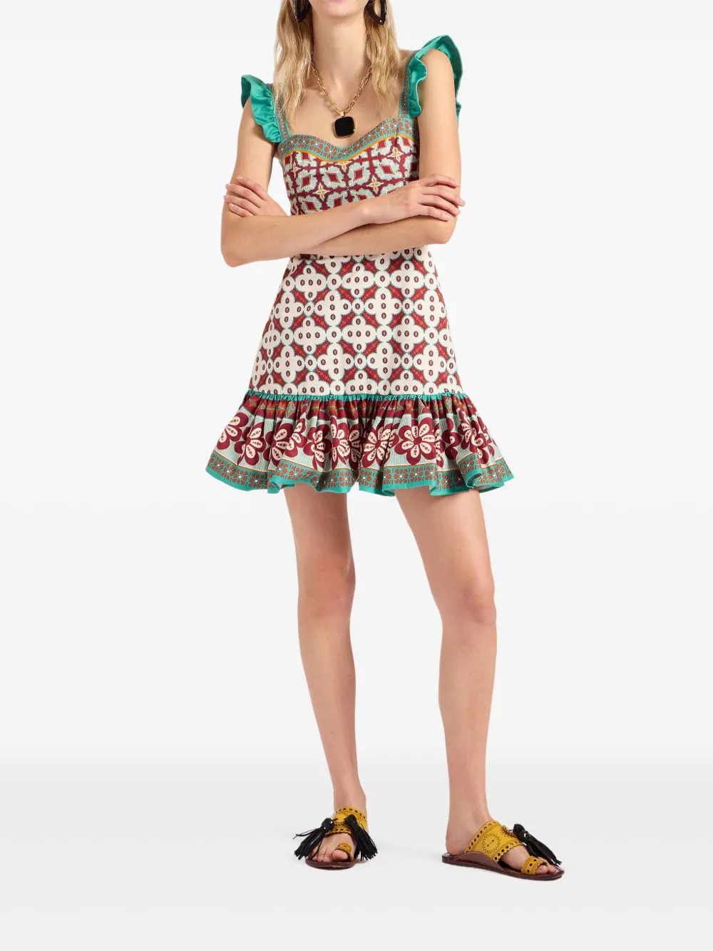 La DoubleJ Gingerbread ruffled printed mini dress Beige